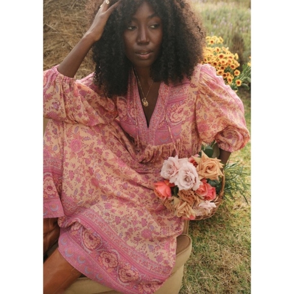 SPELL Folk Song Boho Dress in Blossom Medium BNWT FSOT Pink Peachy Floral Midi - Picture 10 of 14